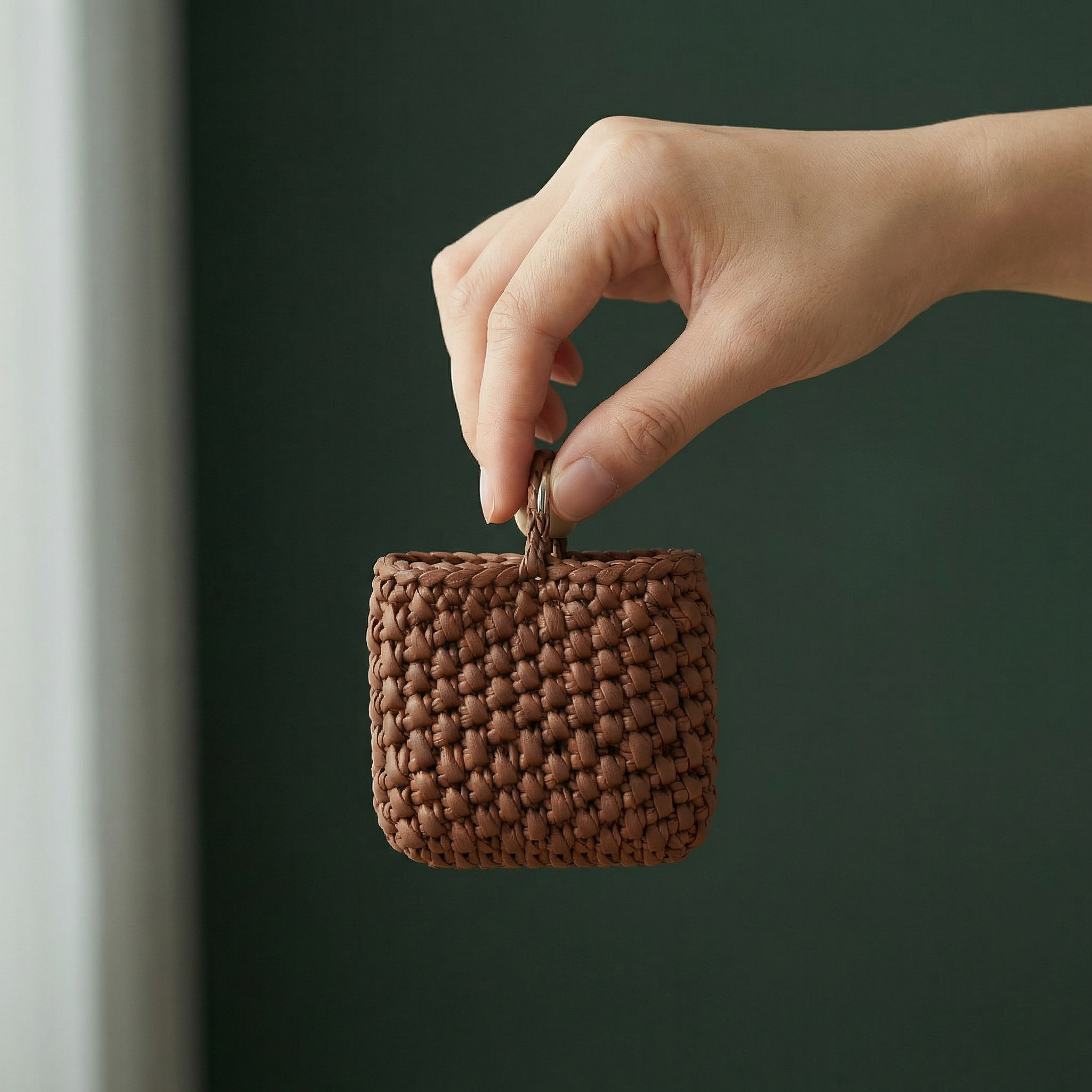 Hand-held interaction against dark green background